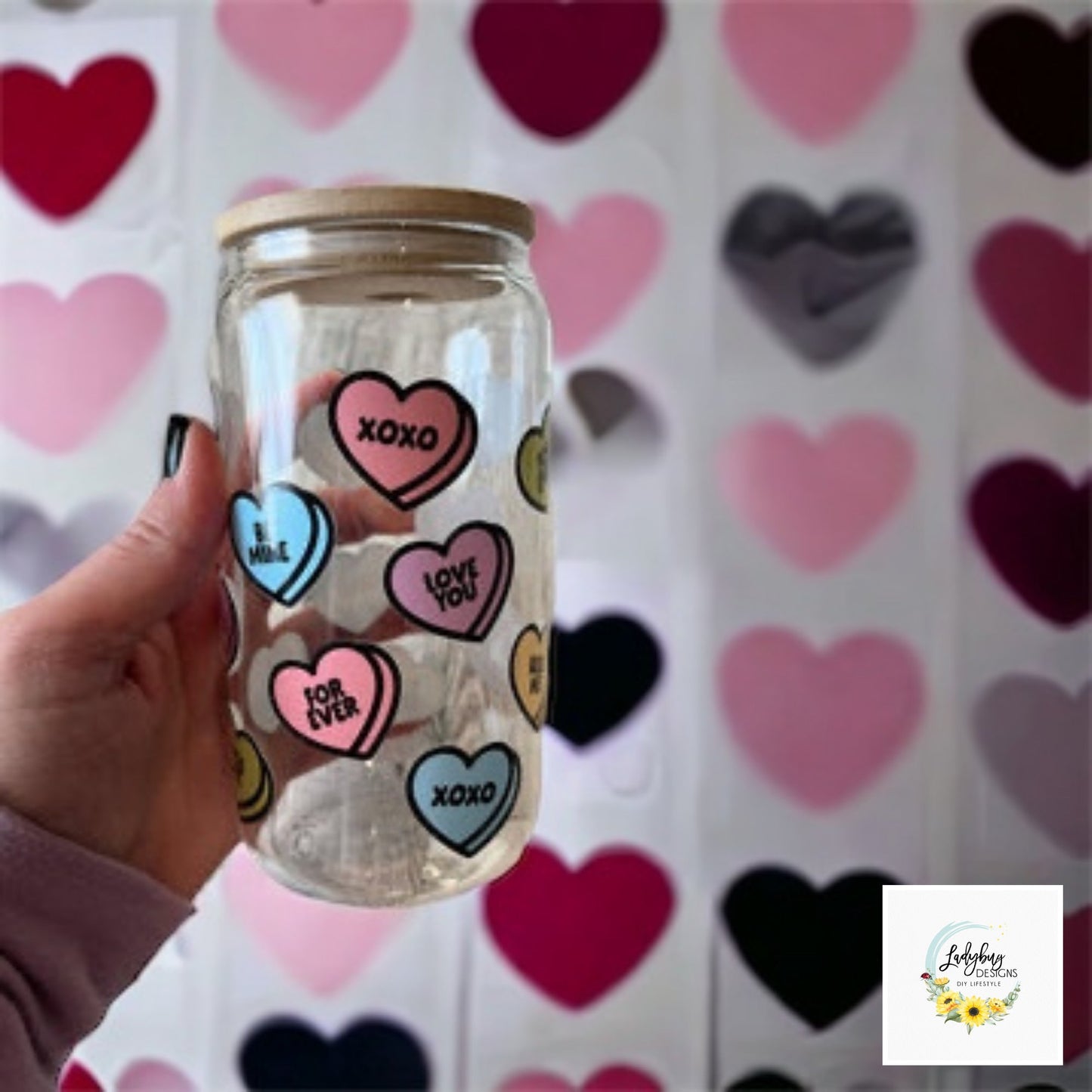 Candy Hearts Valentine’s Day Cup, Conversation Hearts Beer Can Glass, Valentine's Day Swag, Gift Bag Ideas for Her, Love Valentine's Day