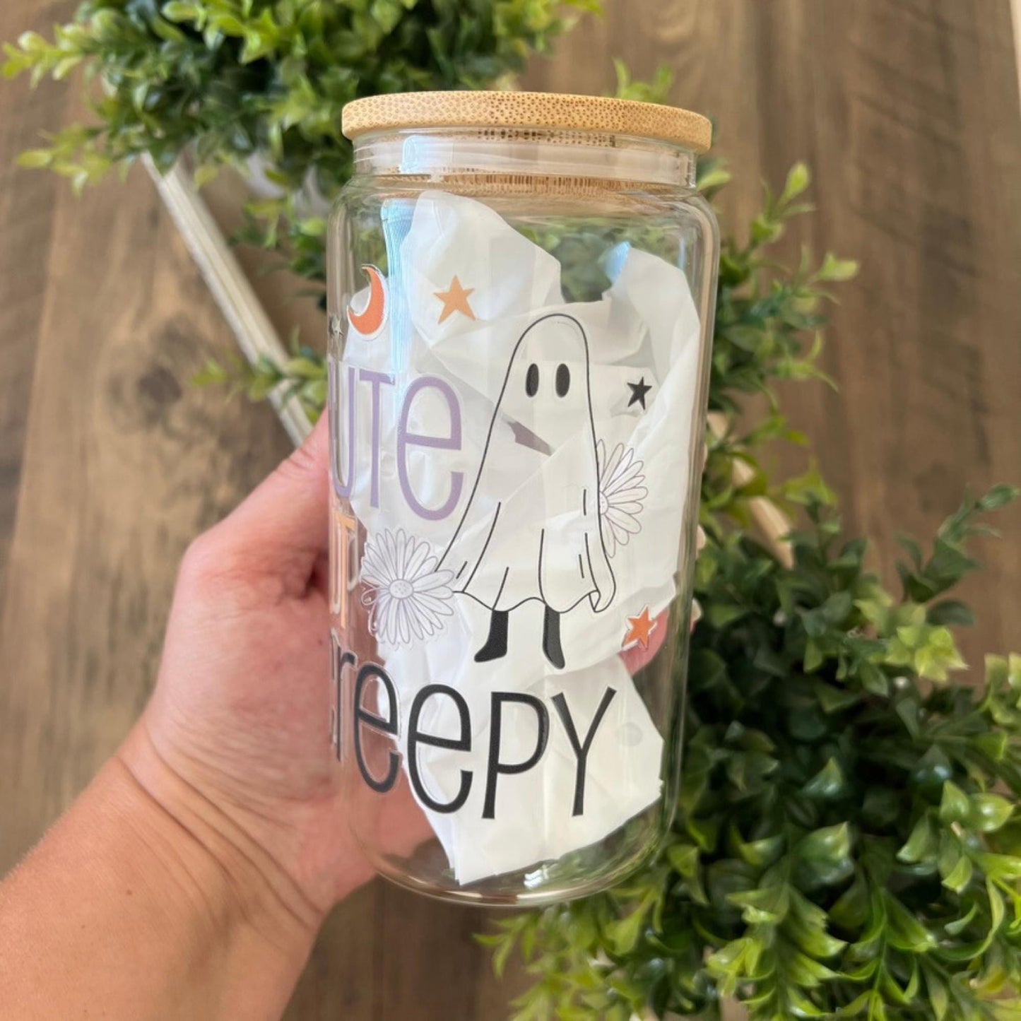 Cute but Creepy Halloween Beer Can Glass with Bamboo Lid & Plastic Straw