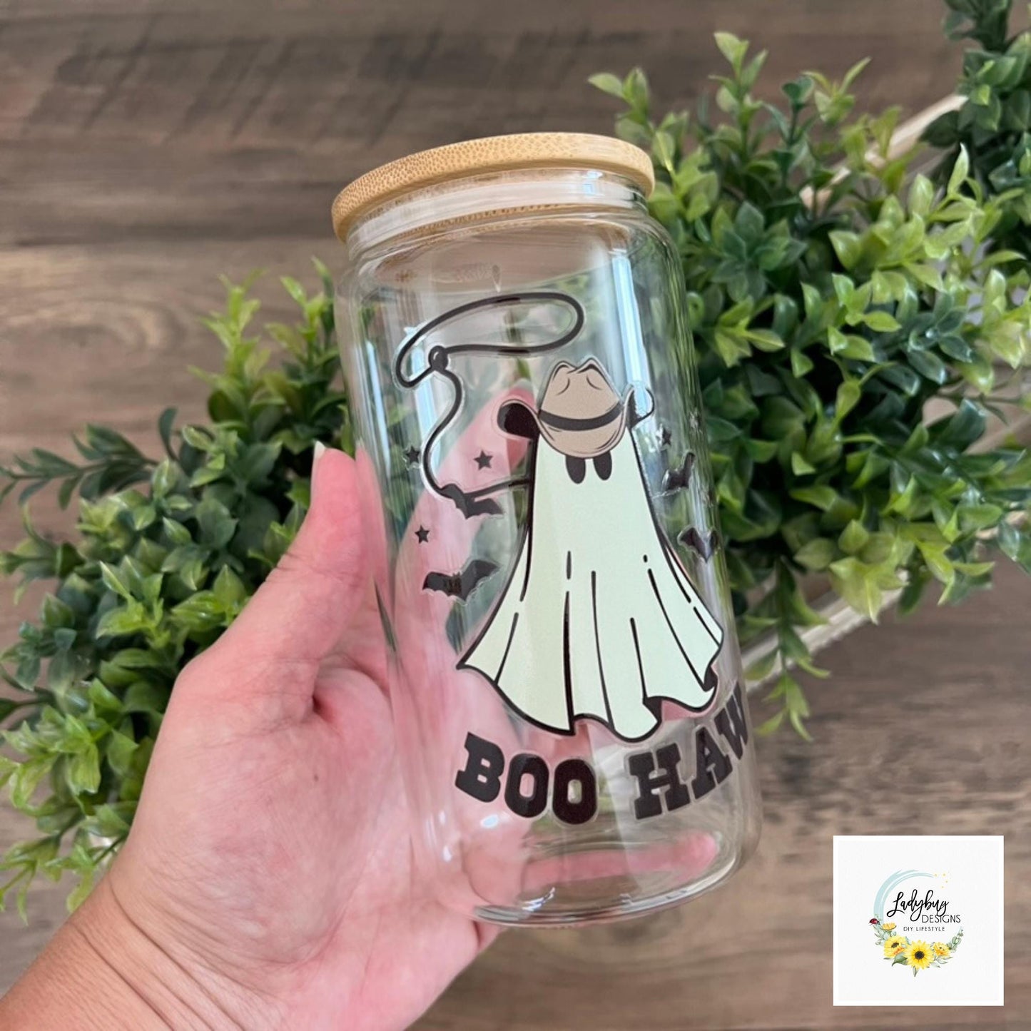 Boo Haw Halloween Beer Can Glass with Bamboo Lid & Plastic Straw