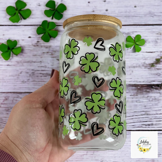 St Patricks Day Cup, Shamrock Libbey, Irish Beer Can Glass, Green Ice Coffee Cup, Lucky Iced Coffee, St Pattys Day Libbey, St Patricks Day Gift, Clover Glass Can, Lucky Green Libbey, Four Leaf Clover Cup, Luck of the Irish, Love Hearts Shamrock, Shamrock St Pats Cup