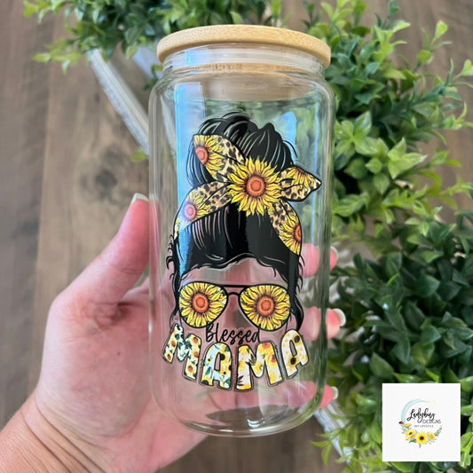 Sunflower Blessed Mama Beer Glass Can