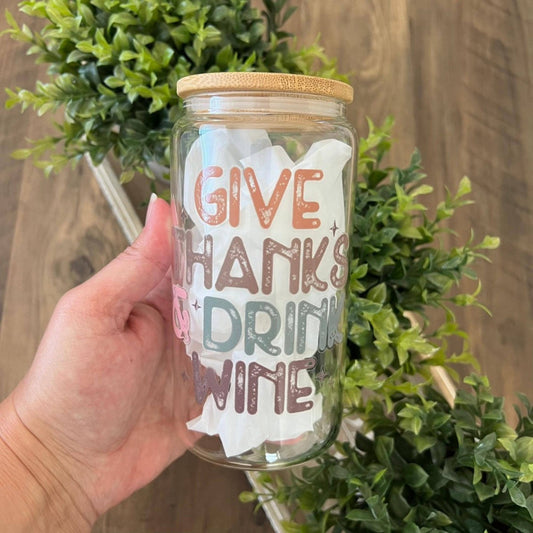 16 oz Thankful, Blessed, and Kind of a Mess Beer Can Glass with bamboo lid and straw, perfect for fall drinks and cozy vibes.