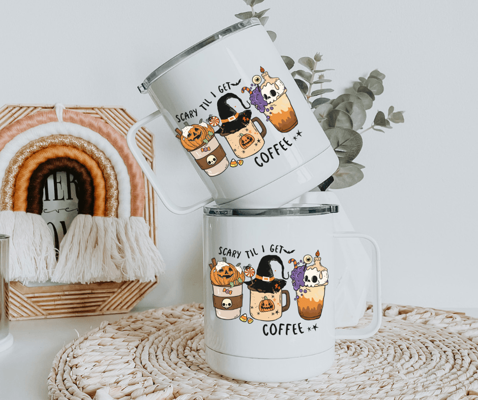 Ready to Ship! Scary Till I Get Coffee 10 oz Sublimation Insulated Coffee/Camp Mug - Ladybug Designs, DIY Lifestyle