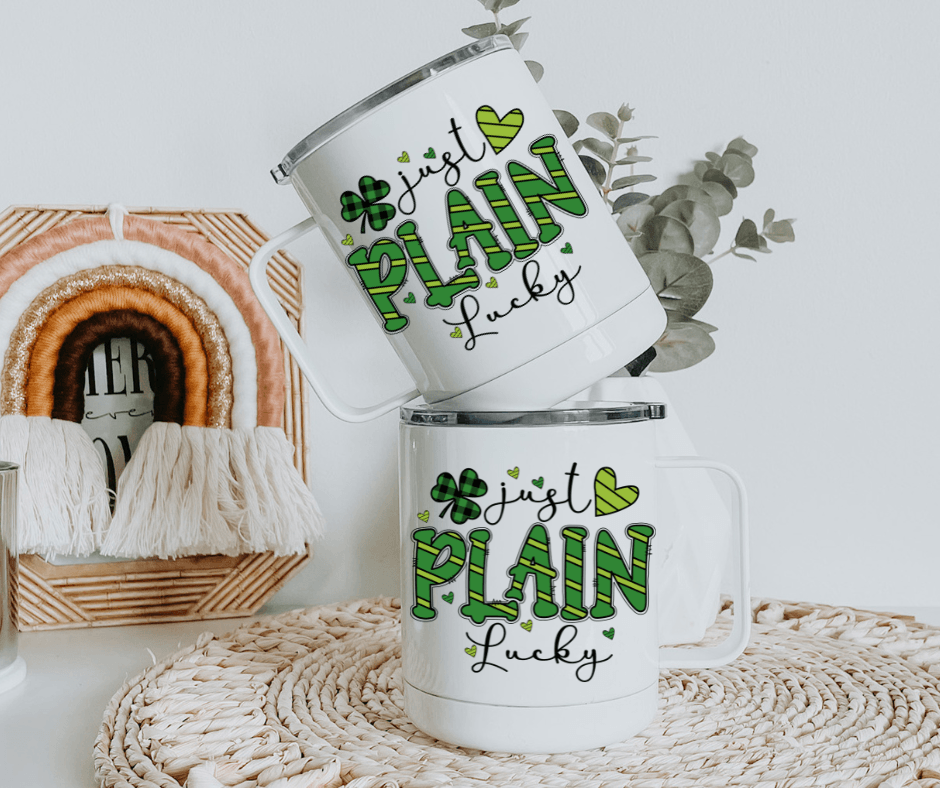 Ready to Ship! Just Plain Lucky St. Patrick's Day 10 oz Sublimation Coffee/Camp Mug - Ladybug Designs, DIY Lifestyle