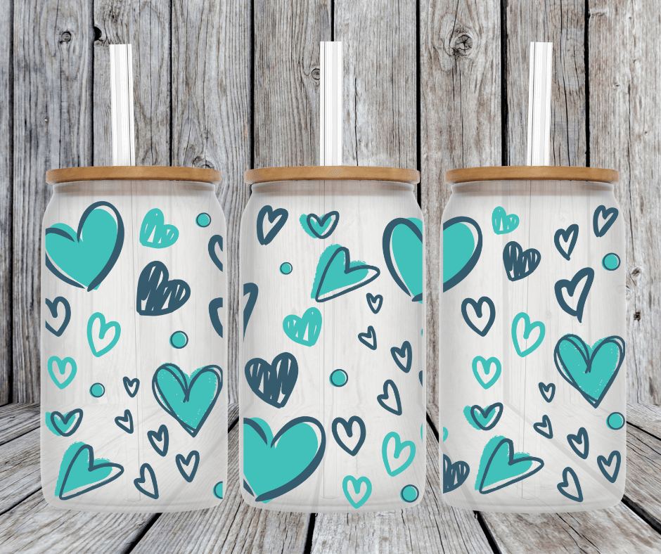 Teal Hearts Frosted 16 oz Beer Can Glass - Ladybug Designs, DIY Lifestyle