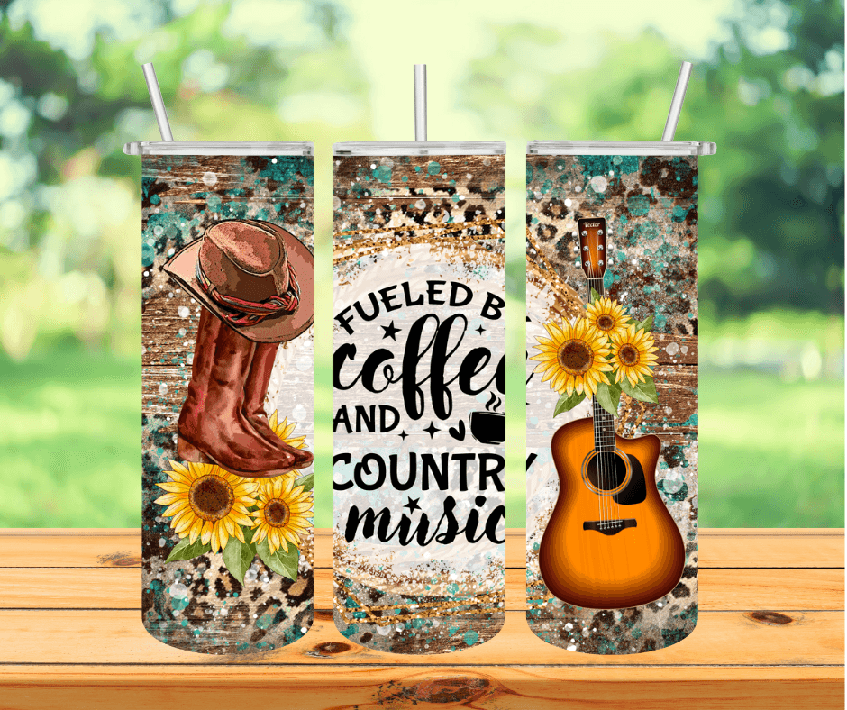 Ready to Ship! Fueled by Coffee & County Music 20 oz Sublimation Insulated Tumbler - Ladybug Designs, DIY Lifestyle