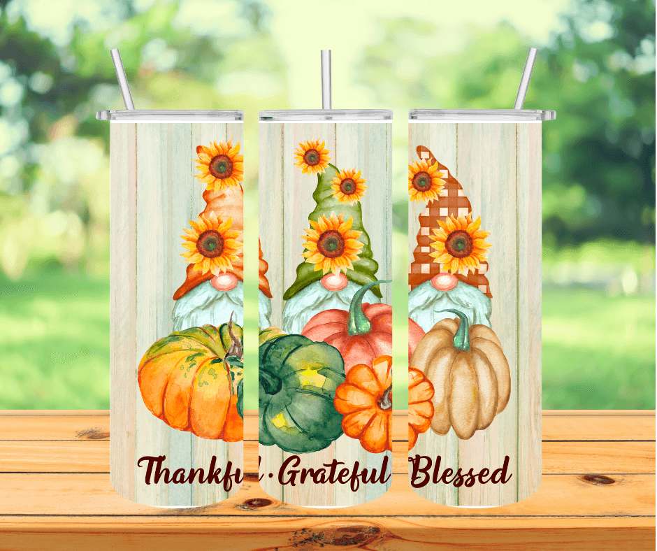 Ready to Ship! Thankful Grateful Blessed Gnome 20 oz Sublimation Insulated Tumbler - Ladybug Designs, DIY Lifestyle