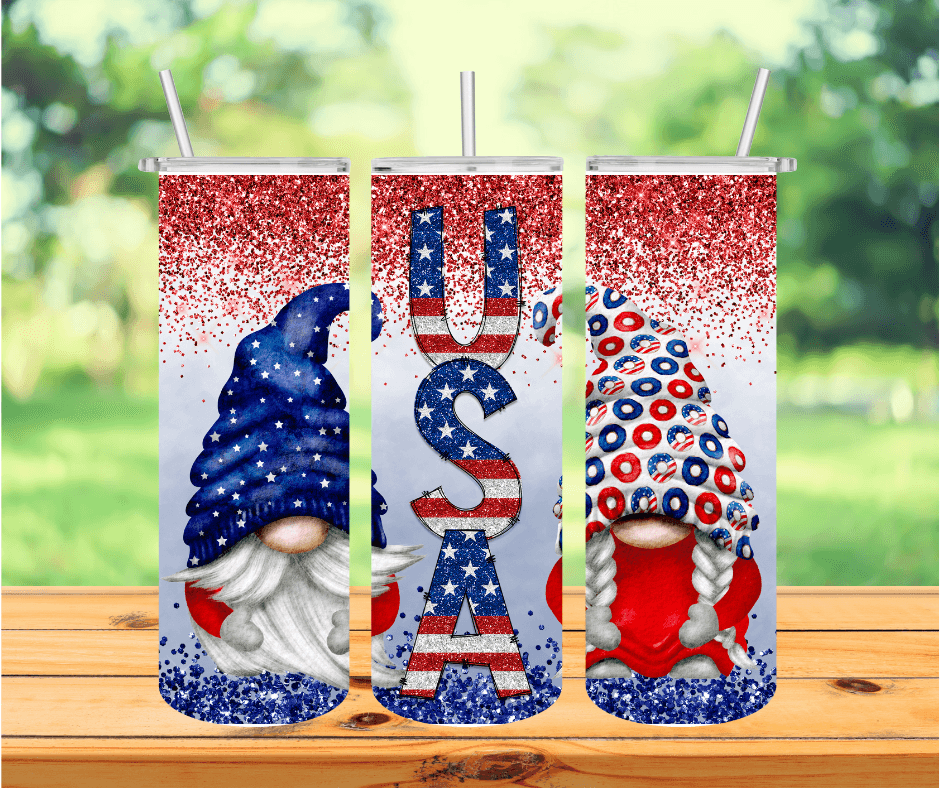 Ready to Ship! USA Red Glitter Gnome 20oz Sublimation Tumbler - Ladybug Designs, DIY Lifestyle