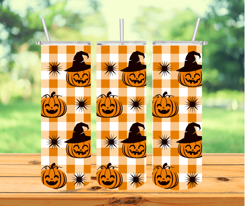 Ready to Ship! Checked Jack-O-Lantern 20 oz Sublimation Insulated Tumbler - Ladybug Designs, DIY Lifestyle