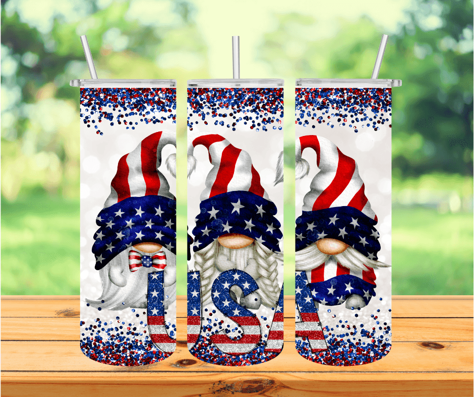 Ready to Ship! USA Blue Glitter Gnome 20 oz Sublimation Tumbler - Ladybug Designs, DIY Lifestyle