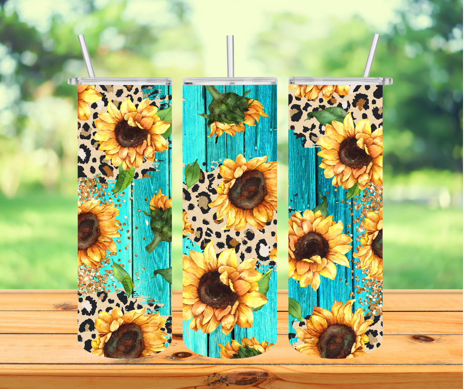 Teal Leopard Sunflowers 20 oz Sublimation Insulated Tumbler