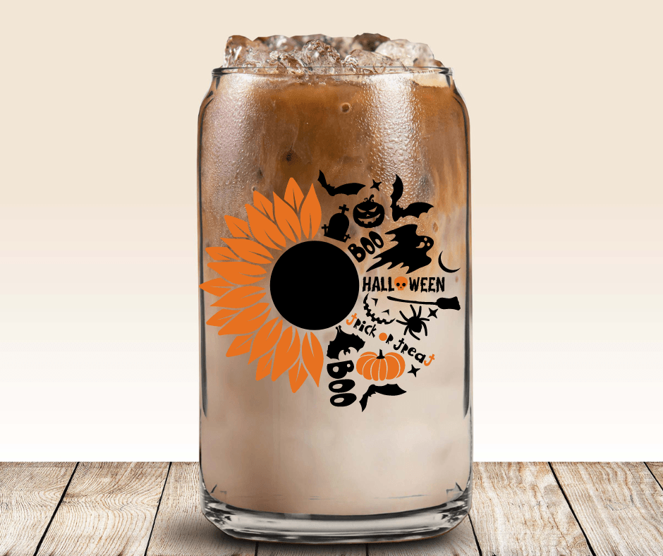 Ready to Ship! Sunflower Halloween 16 oz Beer Can Glass - Ladybug Designs, DIY Lifestyle