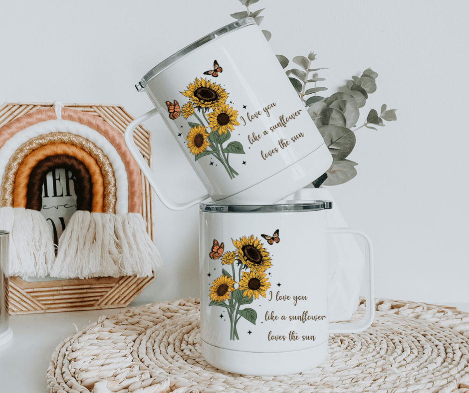 Ready to Ship! Love You Like Sunflower Loves the Sun 10 oz Sublimation Coffee/Camp Mug - Ladybug Designs, DIY Lifestyle