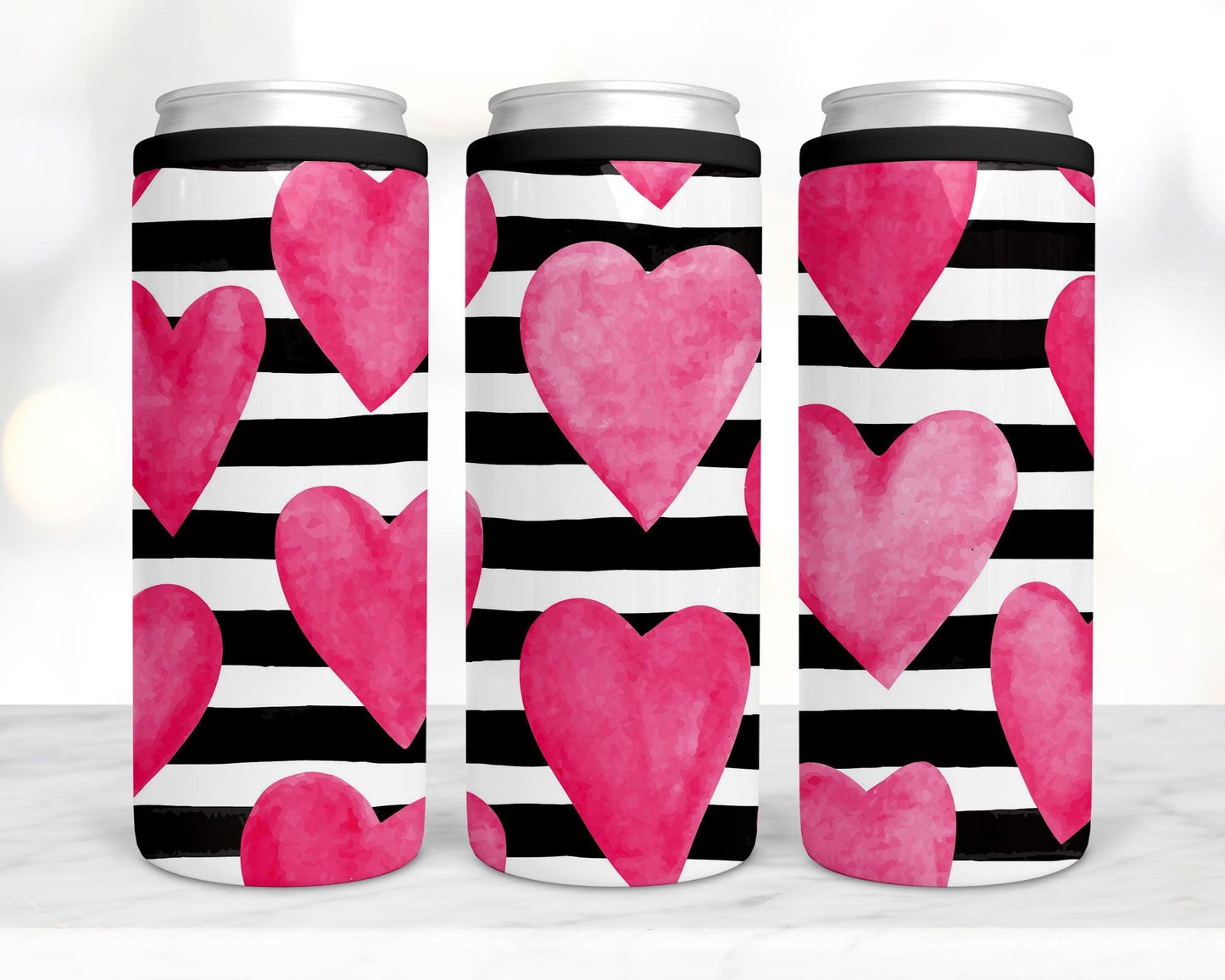 Ready to Ship! 4 in 1 Striped Pink Heart Sublimation Can Cooler - Ladybug Designs, DIY Lifestyle