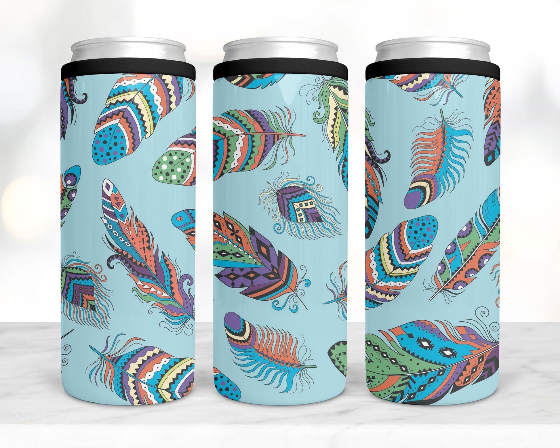 Ready to Ship! 4 in 1 Teal Feathers Sublimation Can Cooler - Ladybug Designs, DIY Lifestyle