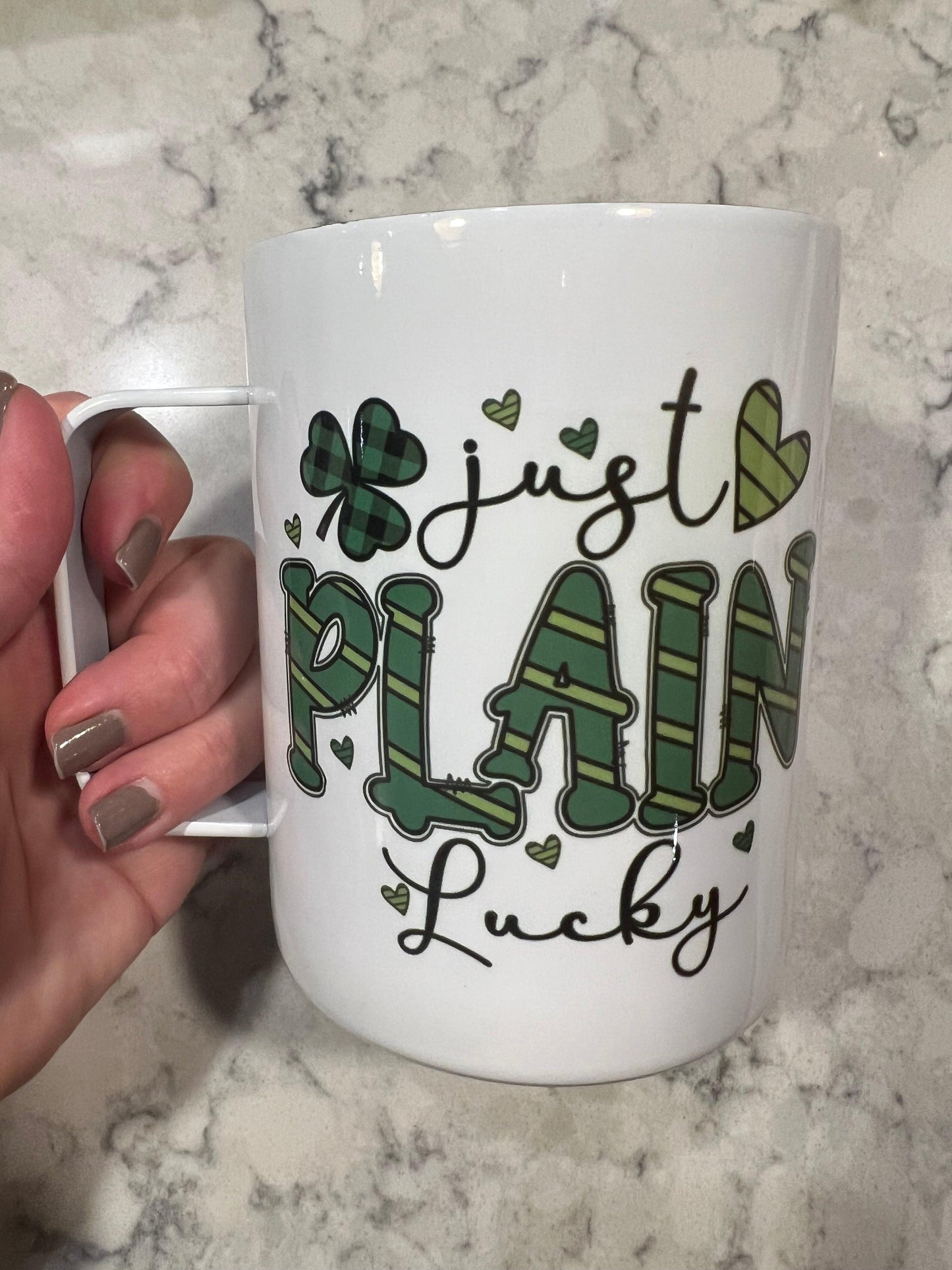 Ready to Ship! Just Plain Lucky St. Patrick's Day 10 oz Sublimation Coffee/Camp Mug - Ladybug Designs, DIY Lifestyle