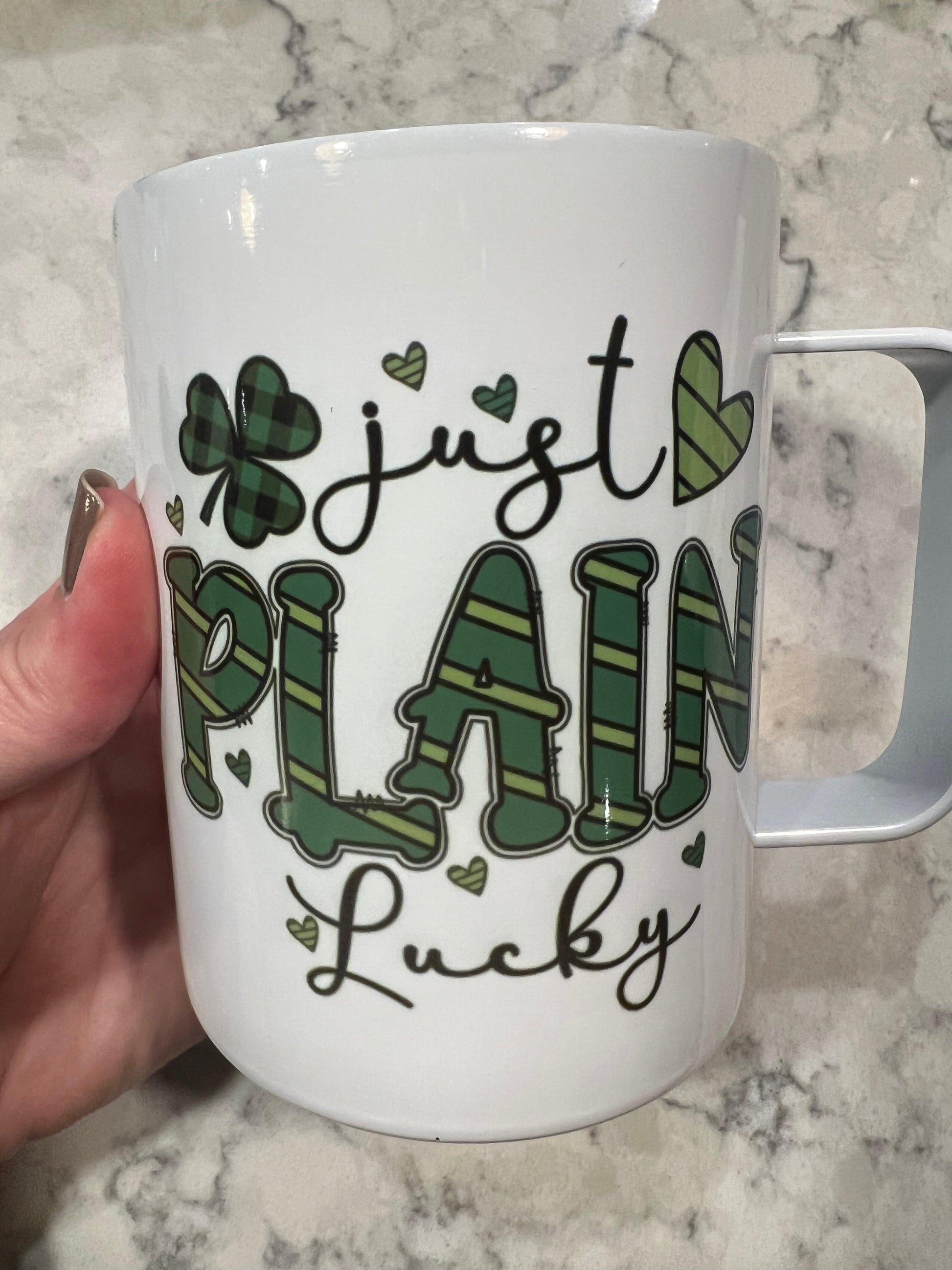 Ready to Ship! Just Plain Lucky St. Patrick's Day 10 oz Sublimation Coffee/Camp Mug - Ladybug Designs, DIY Lifestyle