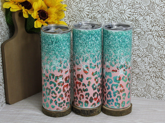 Ready to Ship! Teal Glitter & Pink Teal Cheetah Tumbler Sublimation - Ladybug Designs, DIY Lifestyle