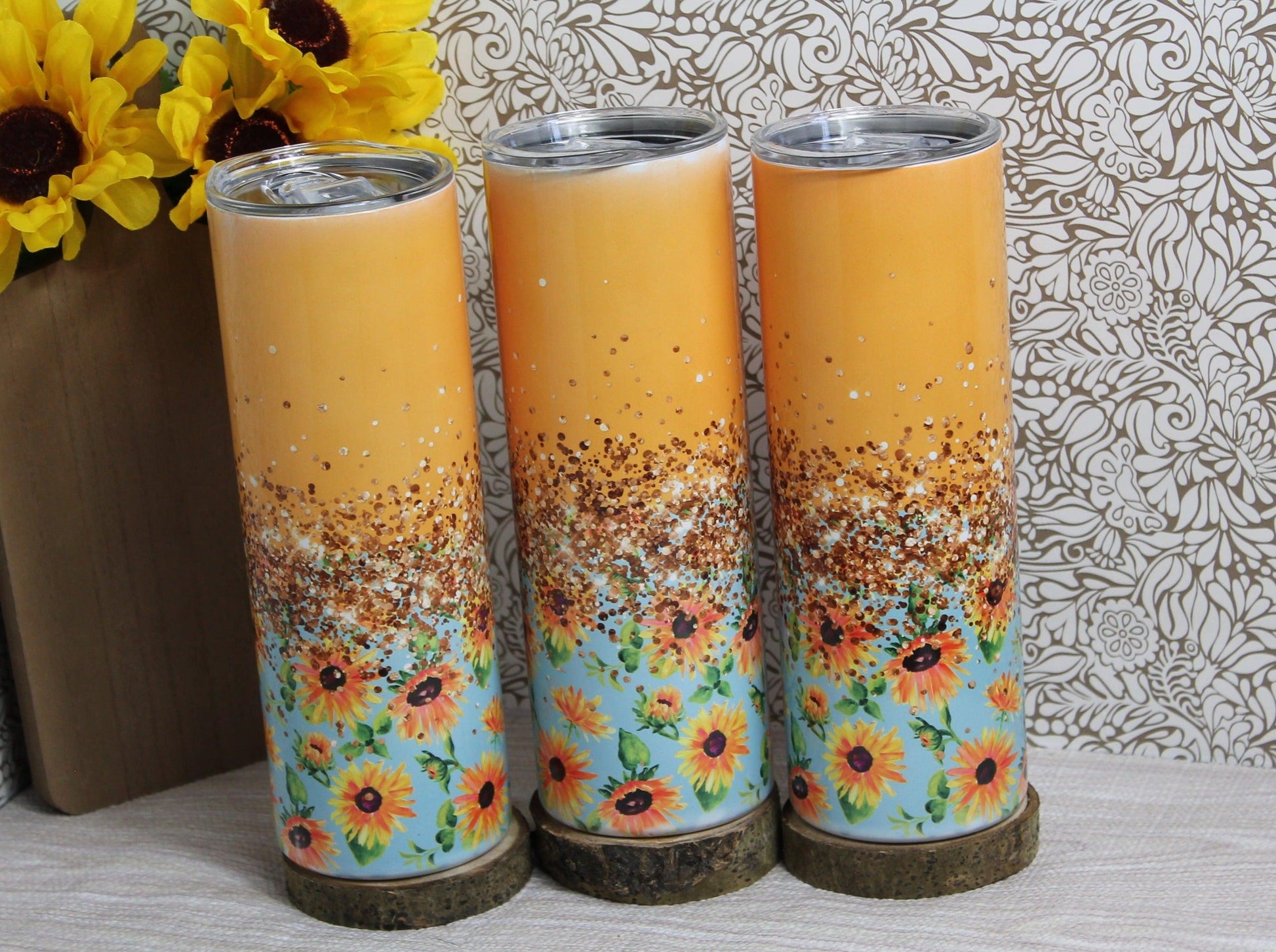 Ready to Ship! Glitter & Sunflowers Sublimation Tumbler - Ladybug Designs, DIY Lifestyle