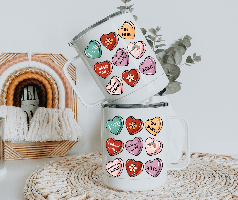 Ready to Ship! Candy Hearts Valentine's Day 10 oz Sublimation Coffee/Camp Mug - Ladybug Designs, DIY Lifestyle