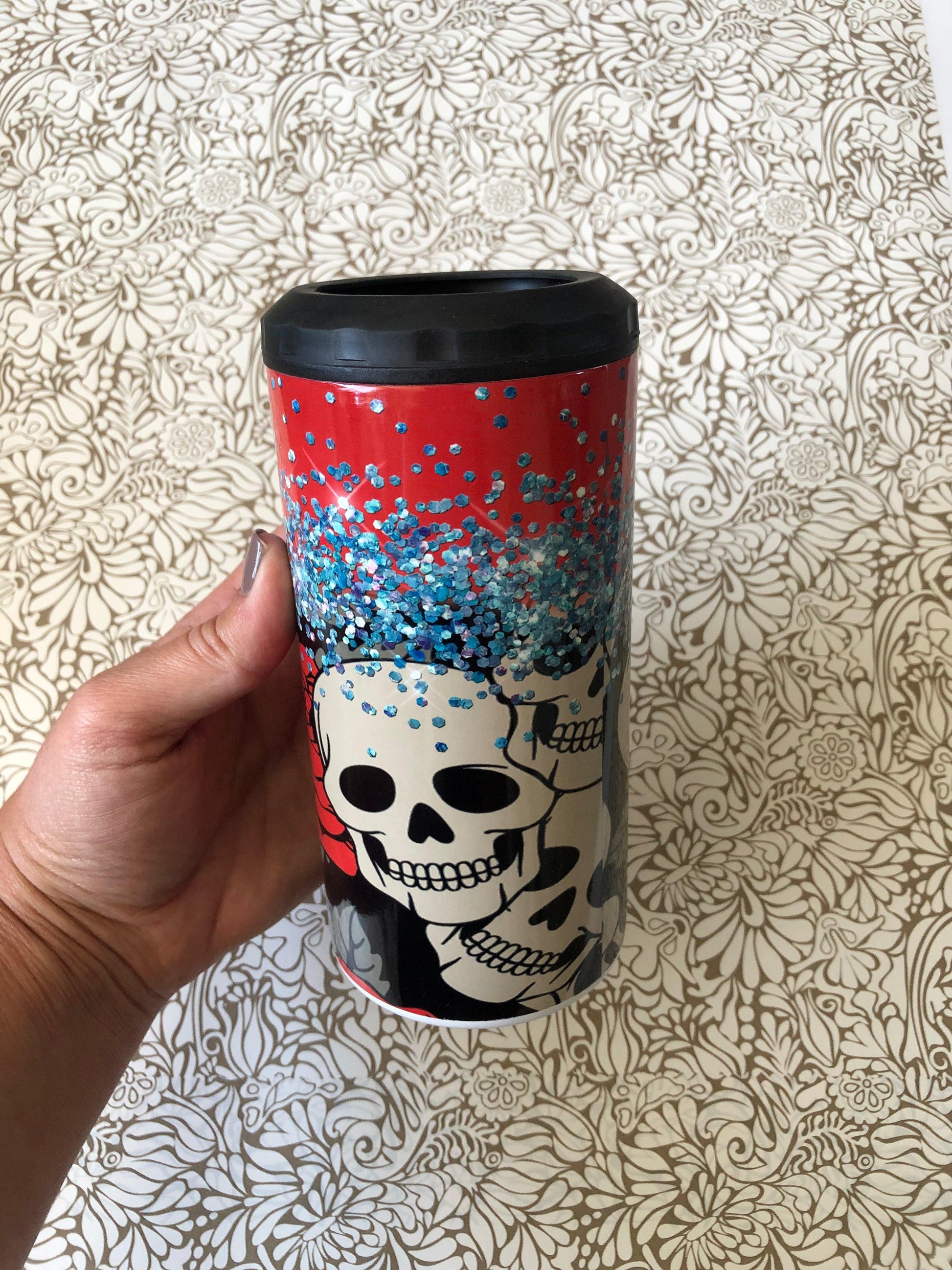 Ready to Ship! Skulls & Roses 4 in 1 Can Cooler - Ladybug Designs, DIY Lifestyle