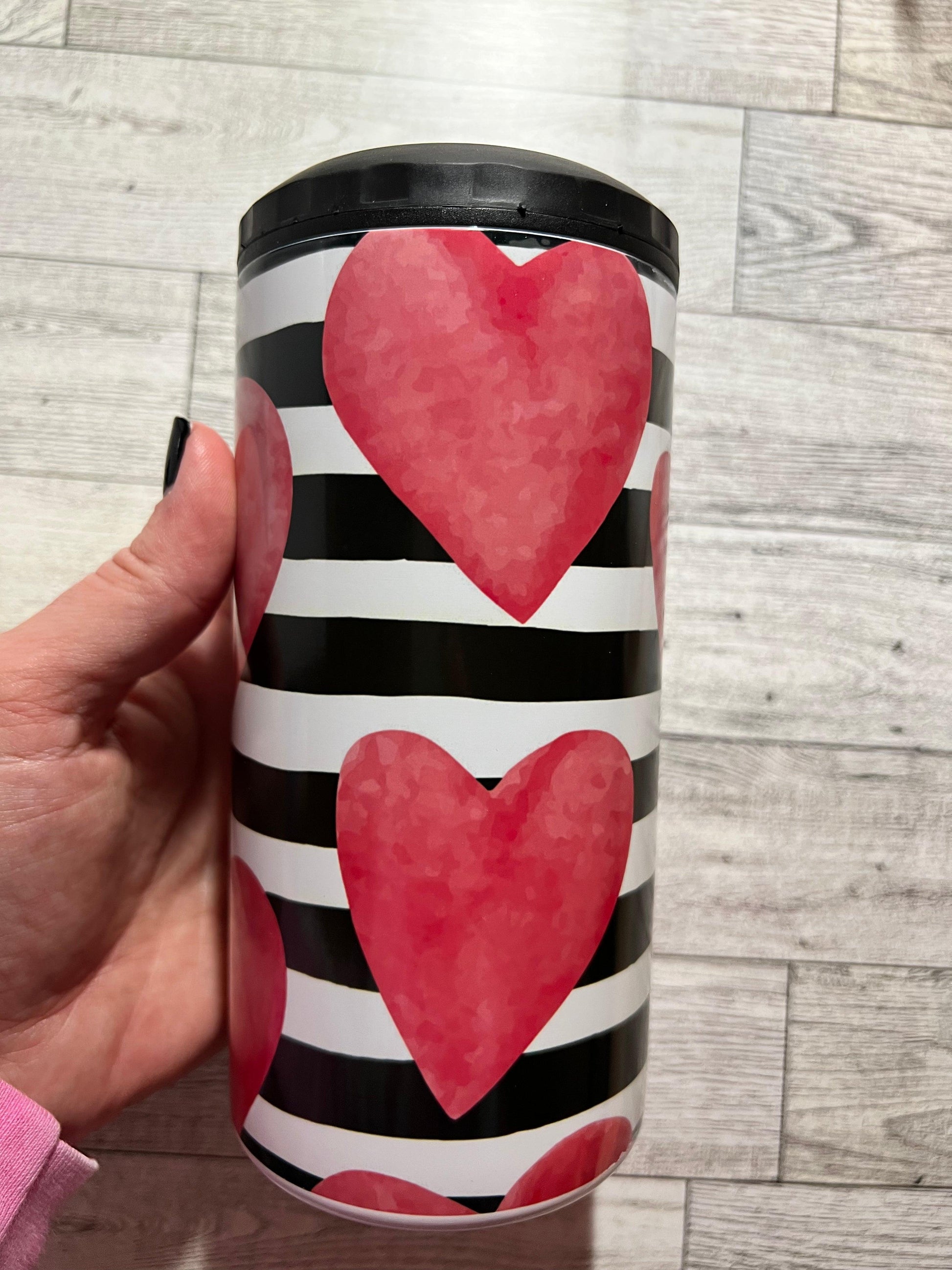 Ready to Ship! 4 in 1 Striped Pink Heart Sublimation Can Cooler - Ladybug Designs, DIY Lifestyle