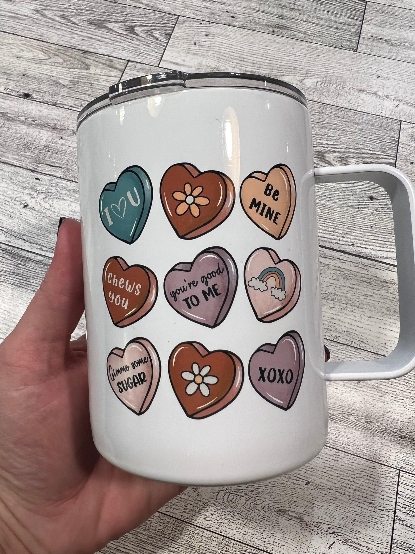 Ready to Ship! Candy Hearts Valentine's Day 10 oz Sublimation Coffee/Camp Mug - Ladybug Designs, DIY Lifestyle