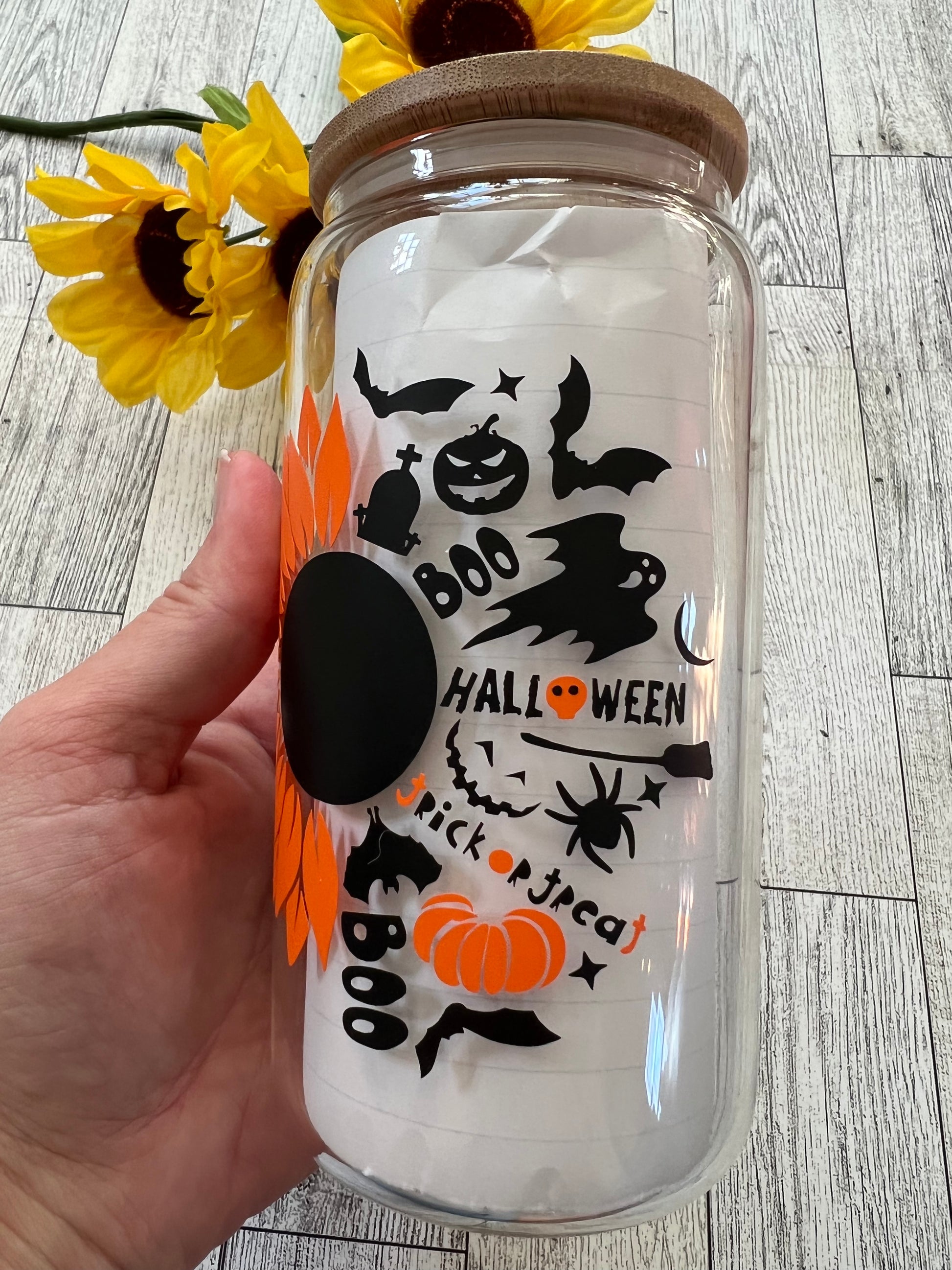 Ready to Ship! Sunflower Halloween 16 oz Beer Can Glass - Ladybug Designs, DIY Lifestyle