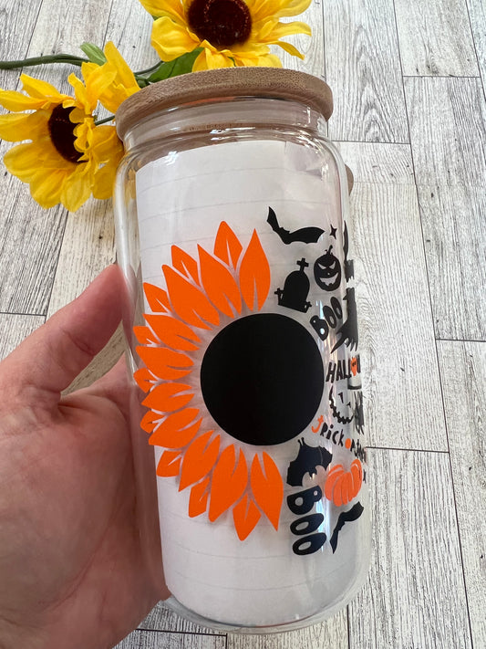 Ready to Ship! Sunflower Halloween 16 oz Beer Can Glass - Ladybug Designs, DIY Lifestyle