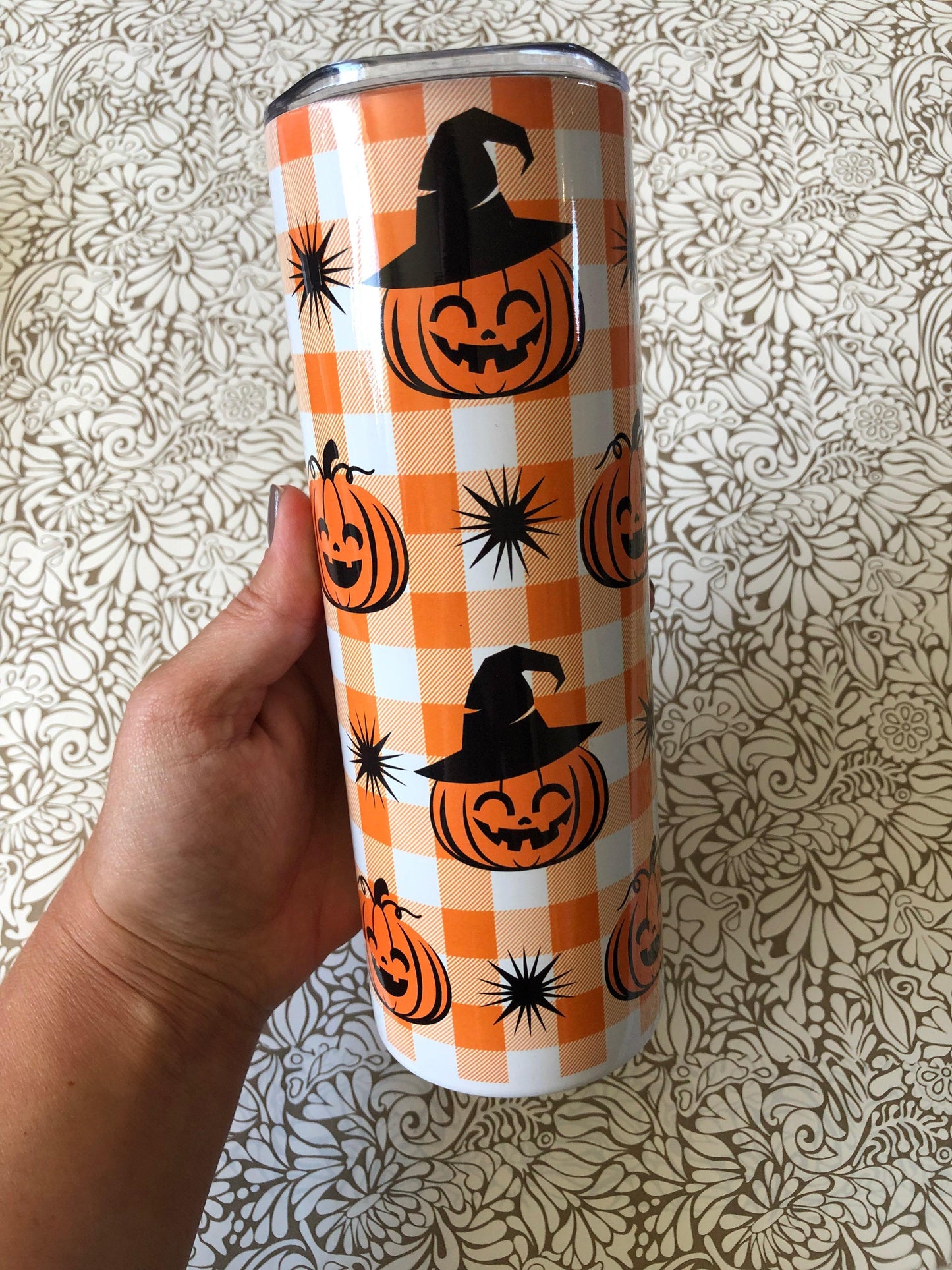 Ready to Ship! Checked Jack-O-Lantern 20 oz Sublimation Insulated Tumbler - Ladybug Designs, DIY Lifestyle