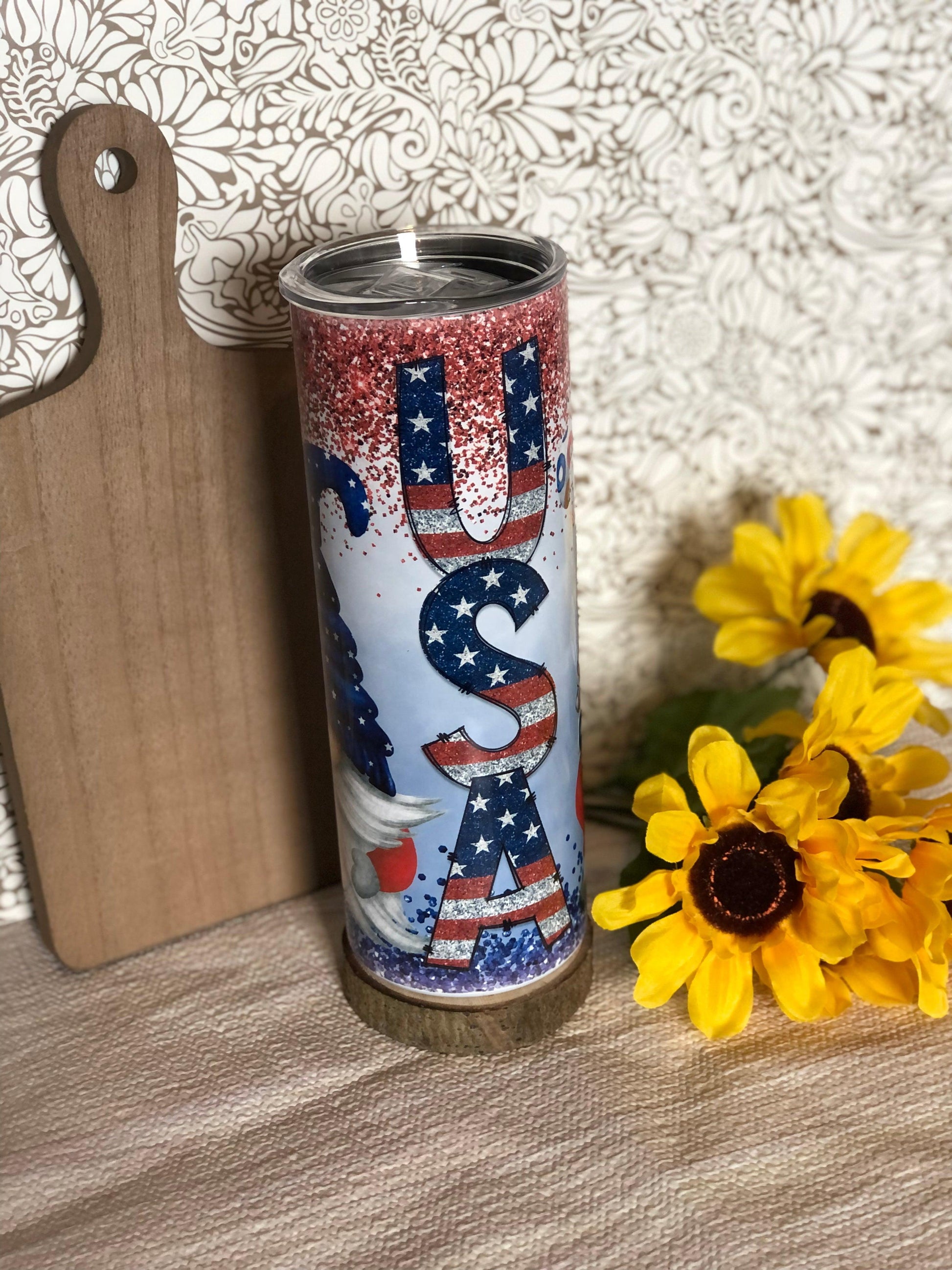 Ready to Ship! USA Red Glitter Gnome 20oz Sublimation Tumbler - Ladybug Designs, DIY Lifestyle