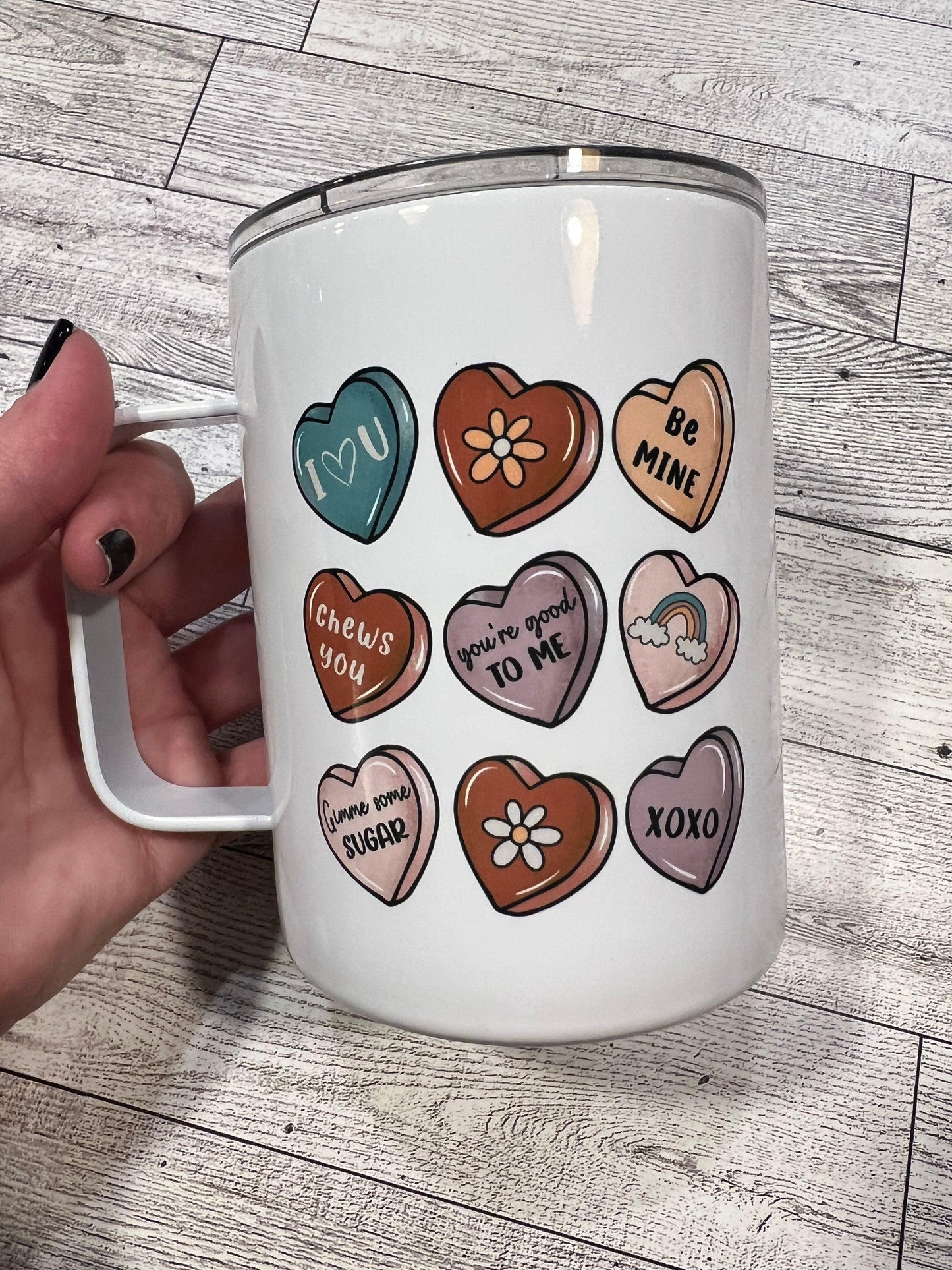 Ready to Ship! Candy Hearts Valentine's Day 10 oz Sublimation Coffee/Camp Mug - Ladybug Designs, DIY Lifestyle