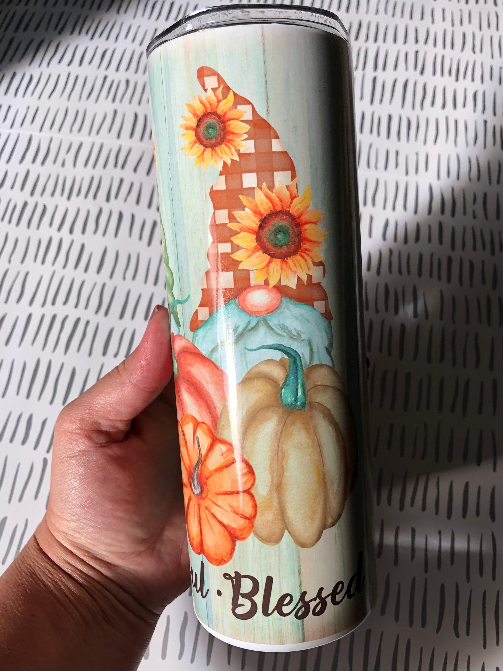 Ready to Ship! Thankful Grateful Blessed Gnome 20 oz Sublimation Insulated Tumbler - Ladybug Designs, DIY Lifestyle