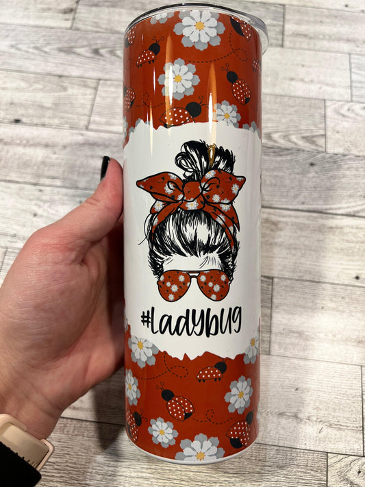 Ready to Ship! Messy Bun Ladybug 20 oz Sublimation Insulated Tumbler - Ladybug Designs, DIY Lifestyle