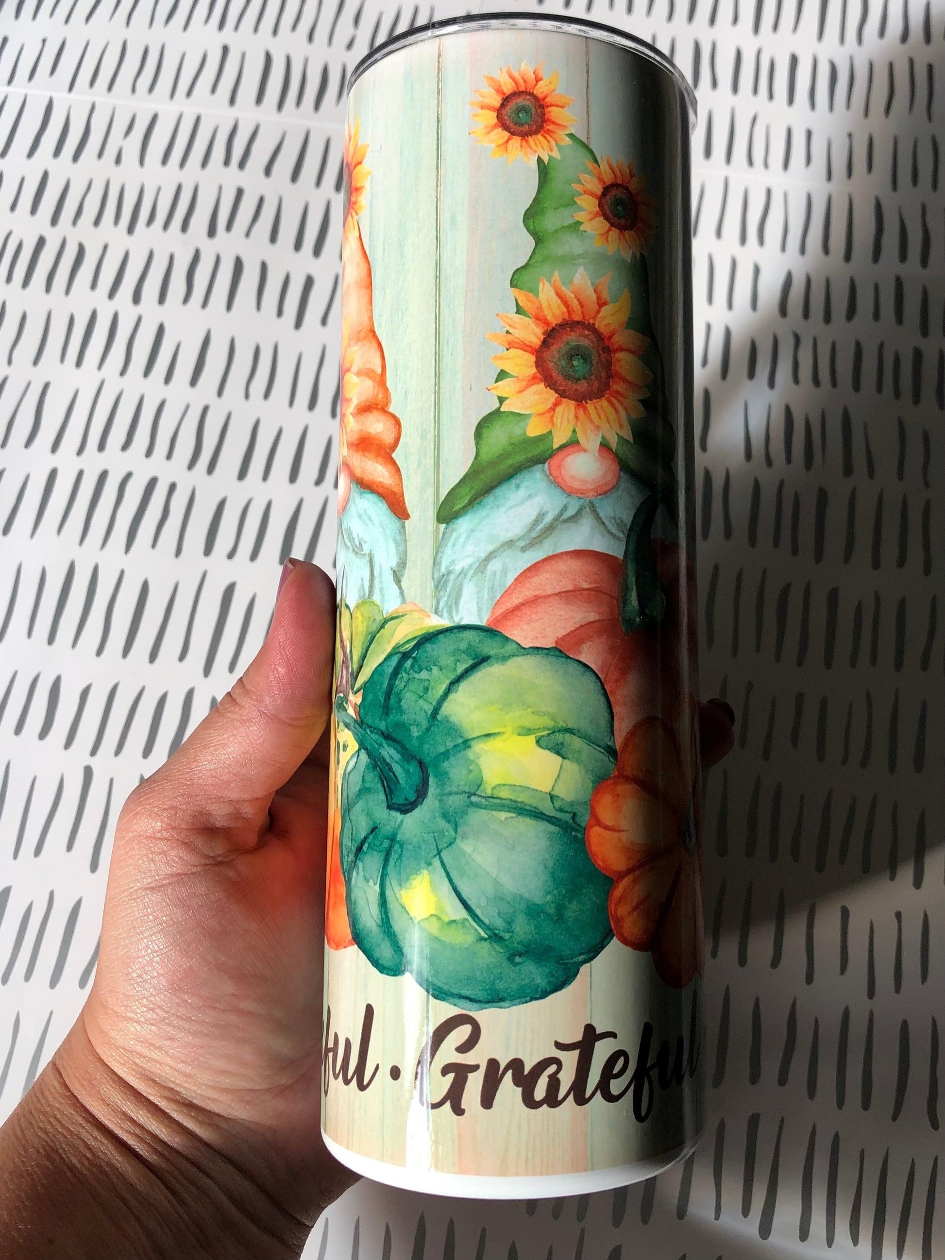 Ready to Ship! Thankful Grateful Blessed Gnome 20 oz Sublimation Insulated Tumbler - Ladybug Designs, DIY Lifestyle