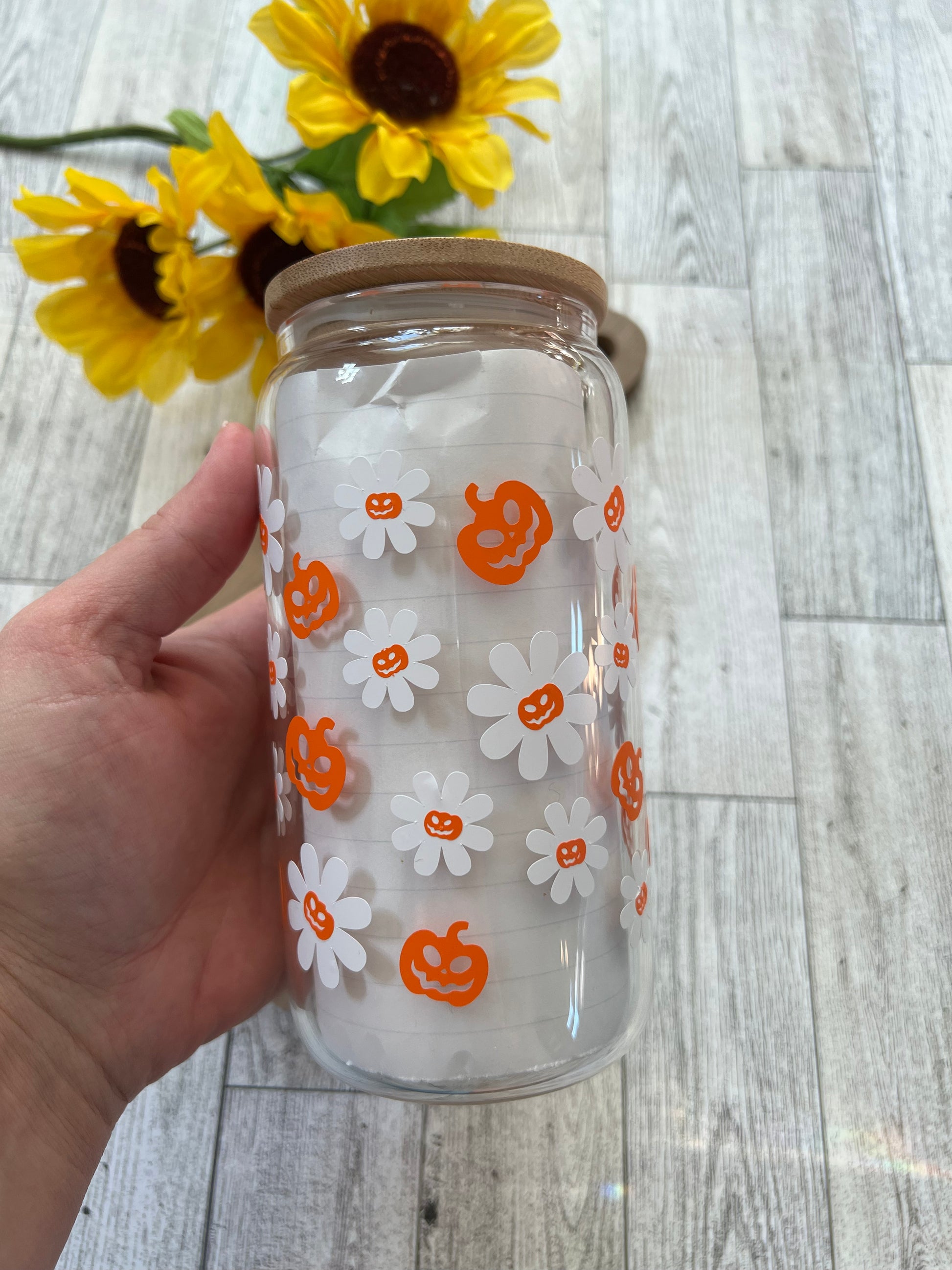 Ready to Ship! Pumpkin Daisy 16 oz Beer Can Glass - Ladybug Designs, DIY Lifestyle