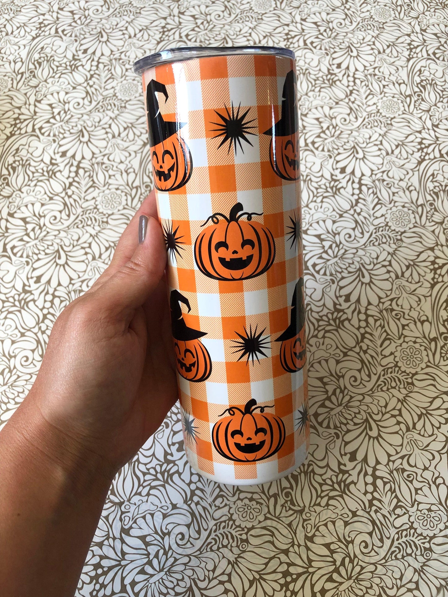 Ready to Ship! Checked Jack-O-Lantern 20 oz Sublimation Insulated Tumbler - Ladybug Designs, DIY Lifestyle