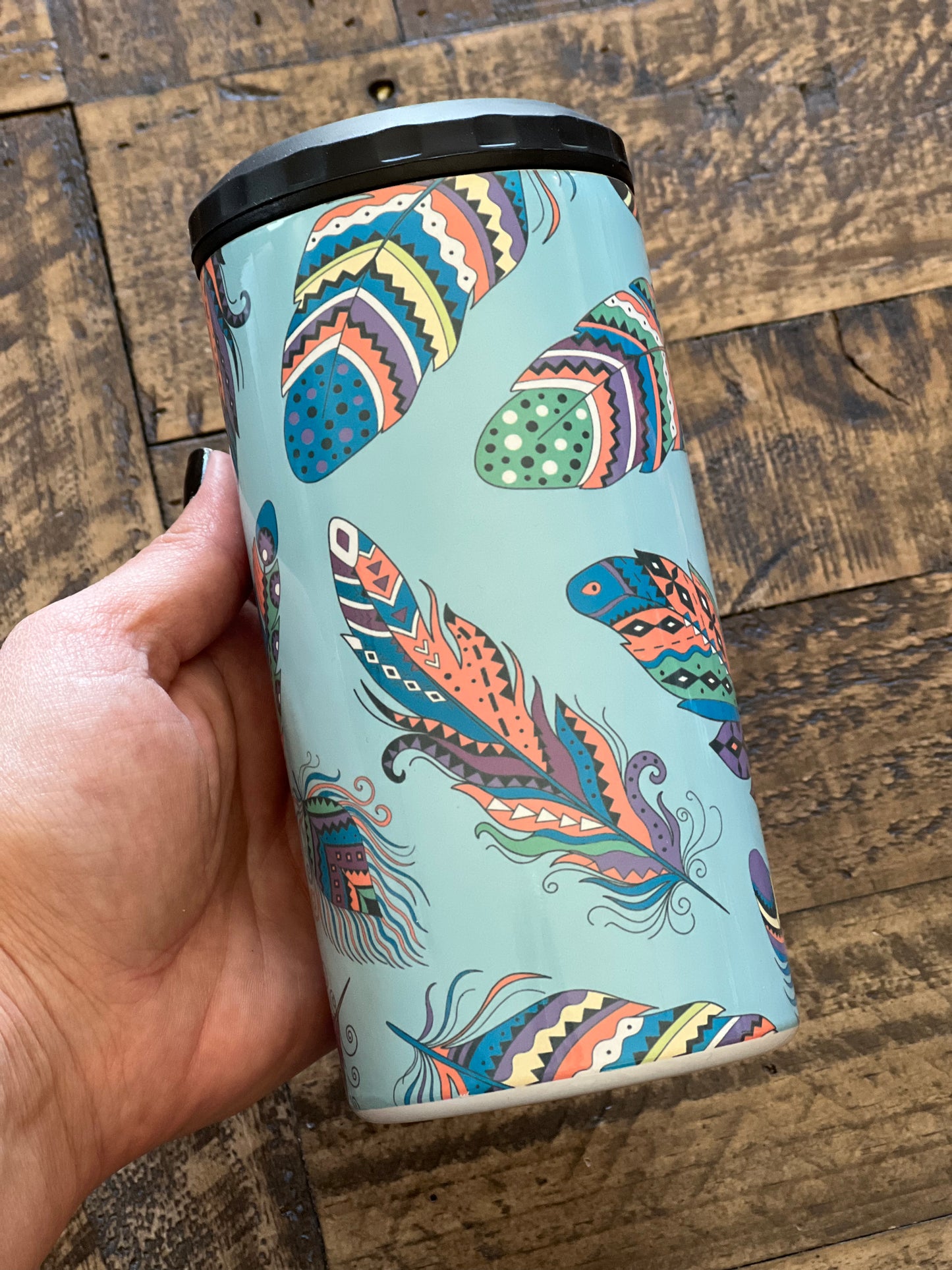 Ready to Ship! 4 in 1 Teal Feathers Sublimation Can Cooler - Ladybug Designs, DIY Lifestyle